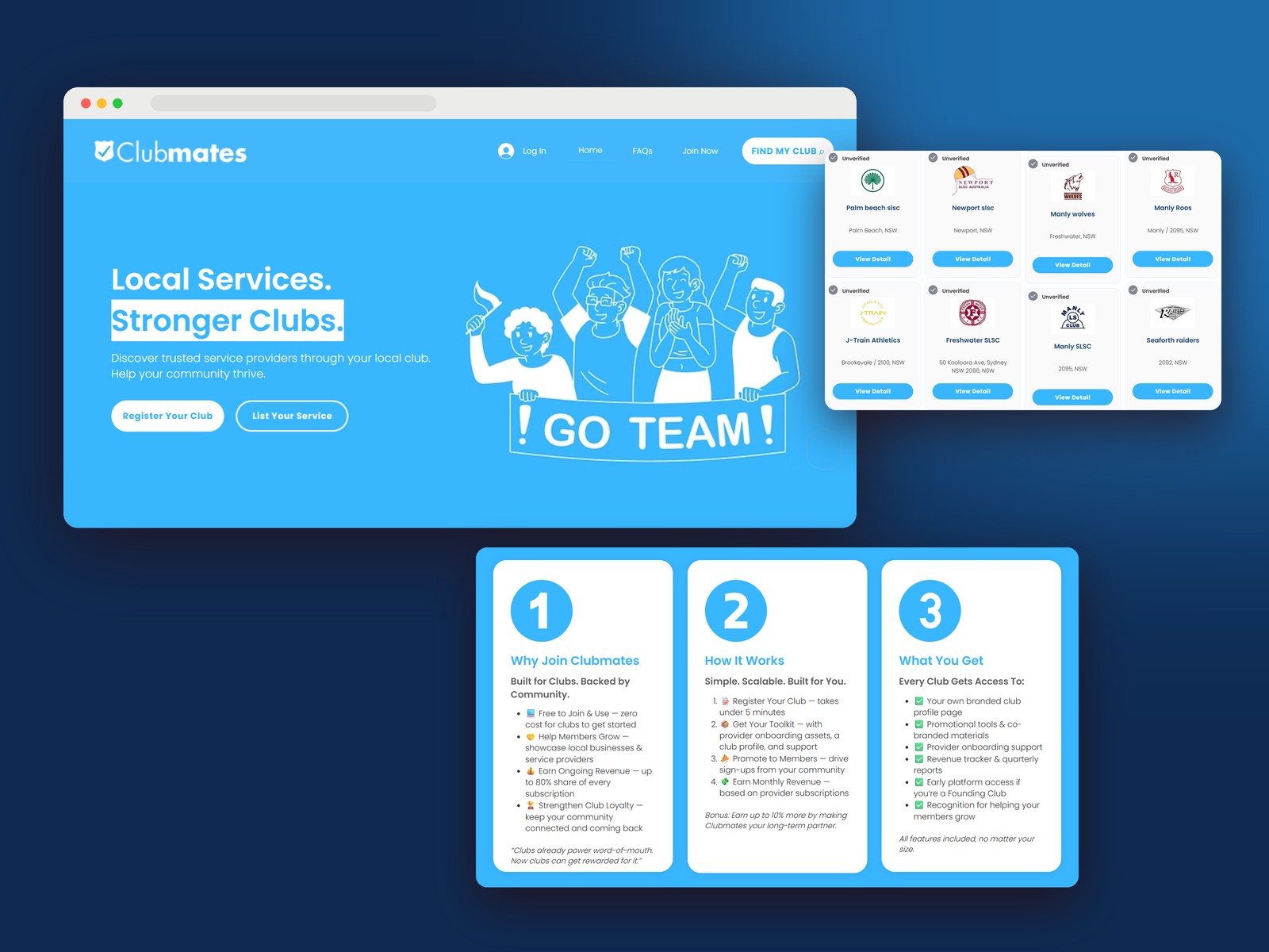 Clubmates: A three-sided marketplace connecting clubs, members, and partners, with subscriptions and revenue share tracking.