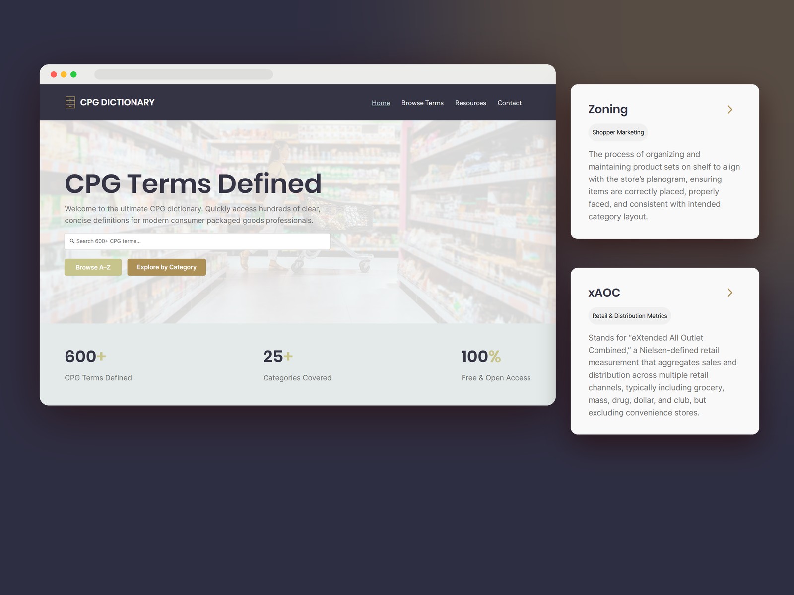 CPG Dictionary: A searchable reference platform for consumer packaged goods terms, with an indexable page for every entry.