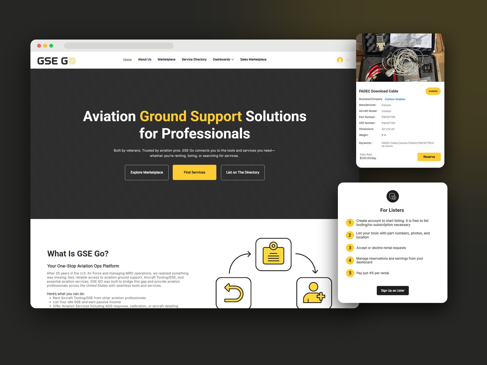 GSE GO: A two-sided marketplace where aviation professionals rent, list, buy, and sell aircraft tooling and ground support equipment.