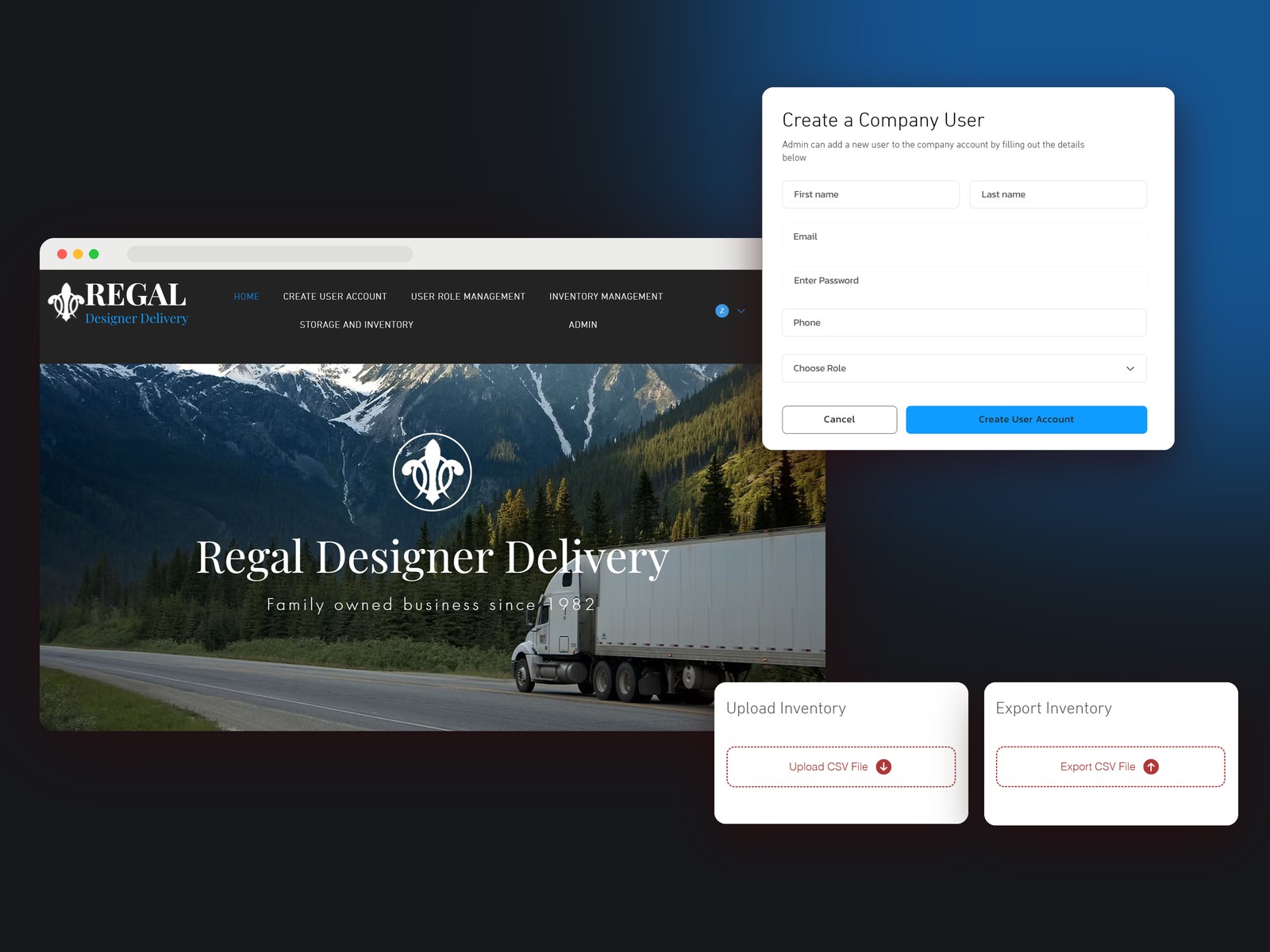 Regal Designer Delivery: A storage and inventory portal for a designer delivery company, with company-level data isolation and four access levels.